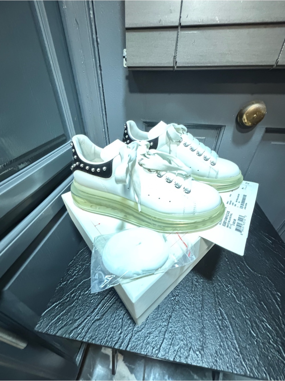 Alexander McQueen White Leather Platform Sneakers with Black Studded Heel